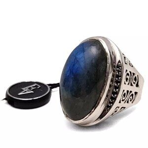 Handmade 925 Sterling Silver Labradorite Blue Ring - Oval Cabochon, Bess 0069